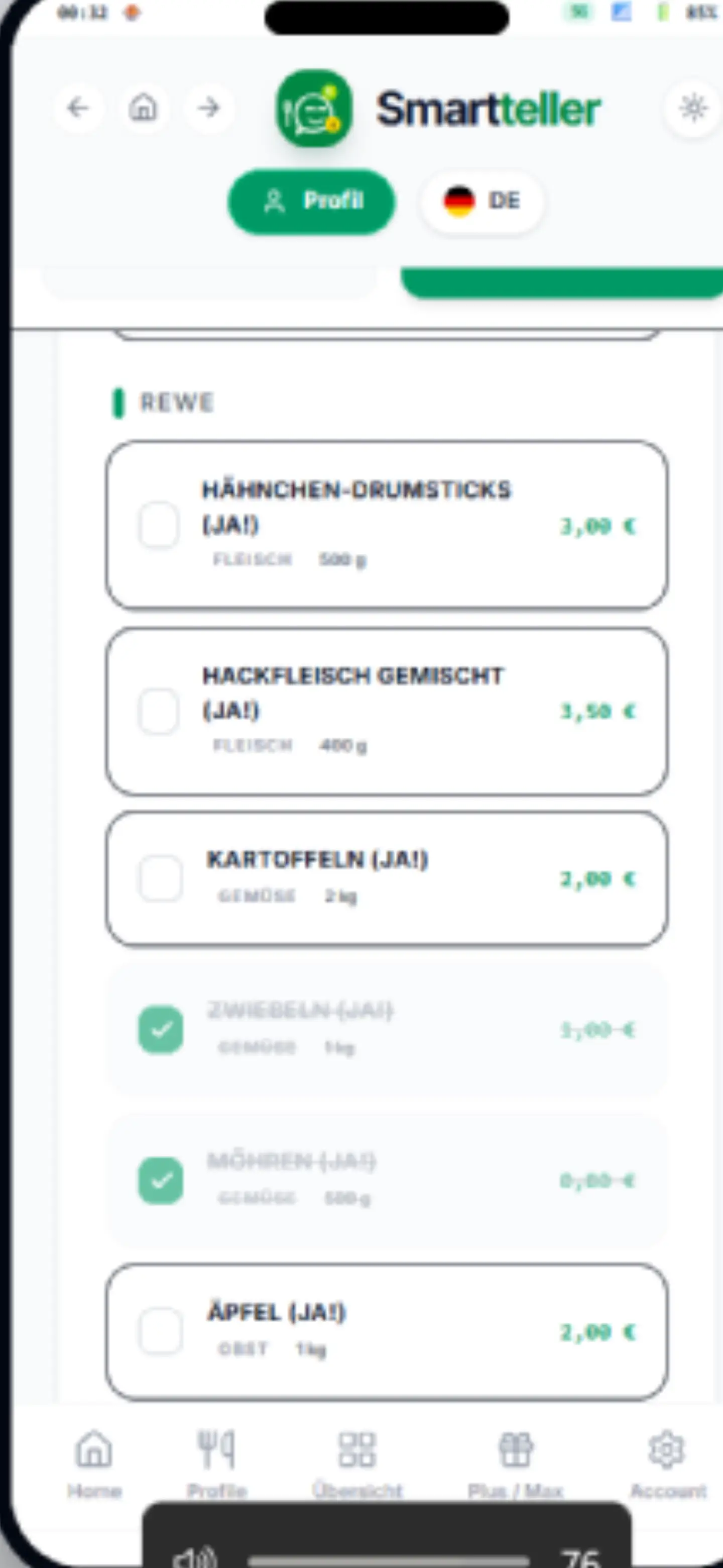 Smartteller Einkaufsliste